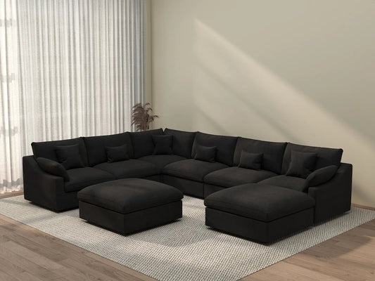 Deluxe Cloud 6-Seater Black Pit Sectional | 8-Piece (Includes 2 Ottomans), Chenille And Linen Fabric, Washable Cushion Covers