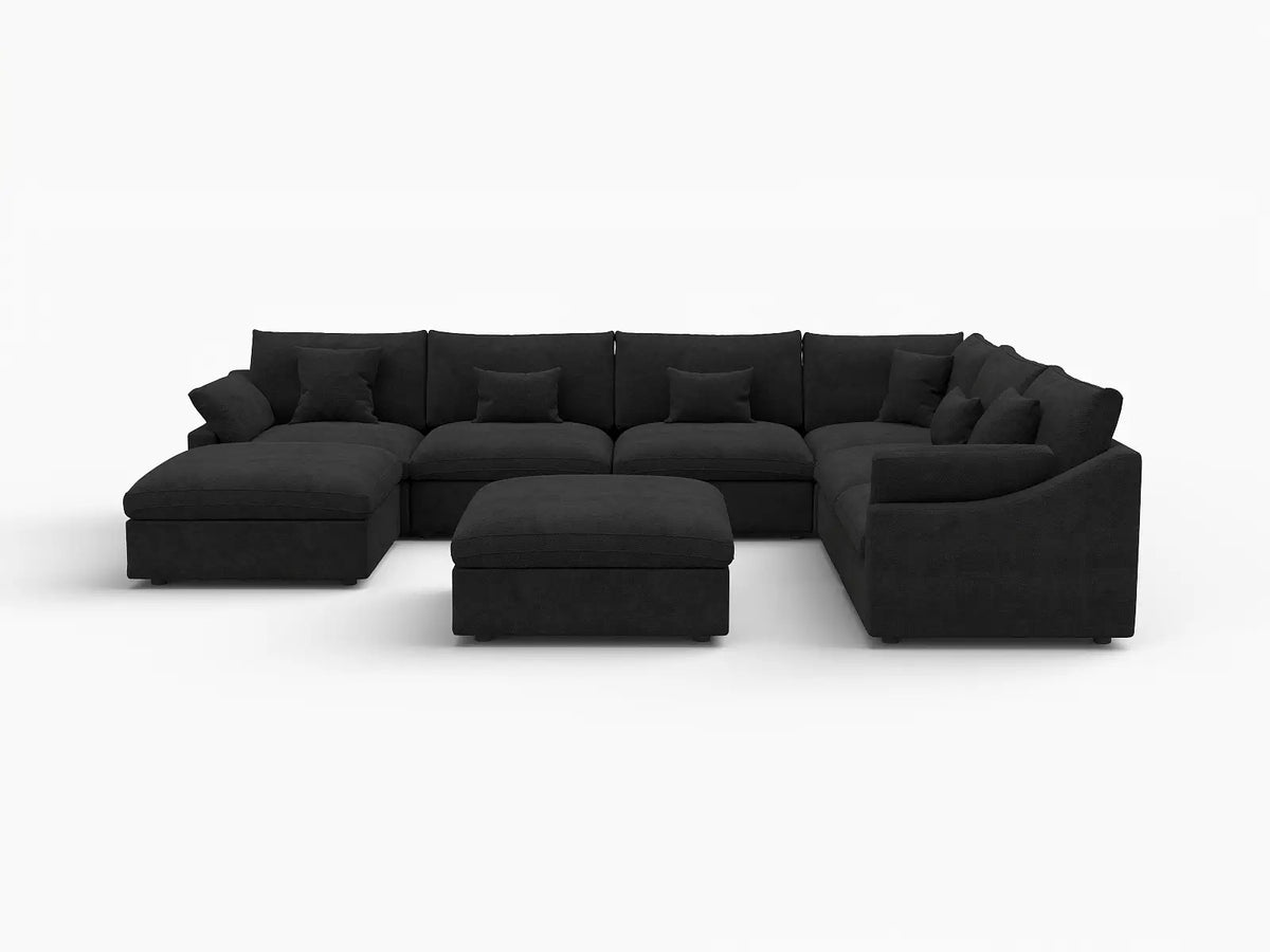 Deluxe Cloud 6-Seater Black Pit Sectional | 8-Piece (Includes 2 Ottomans), Chenille And Linen Fabric, Washable Cushion Covers