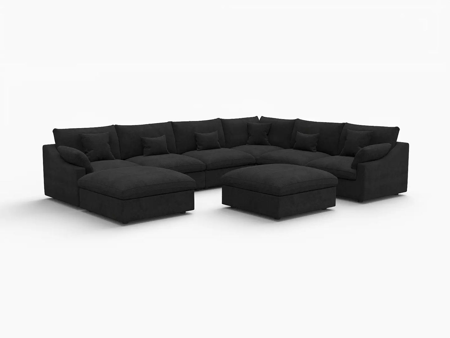 Deluxe Cloud 6-Seater Black Pit Sectional | 8-Piece (Includes 2 Ottomans), Chenille And Linen Fabric, Washable Cushion Covers