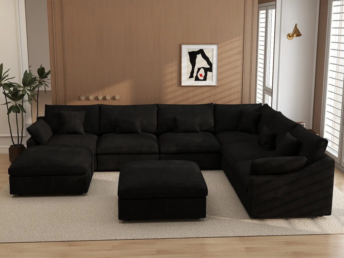 Deluxe Cloud 6-Seater Black Pit Sectional | 8-Piece (Includes 2 Ottomans), Chenille And Linen Fabric, Washable Cushion Covers