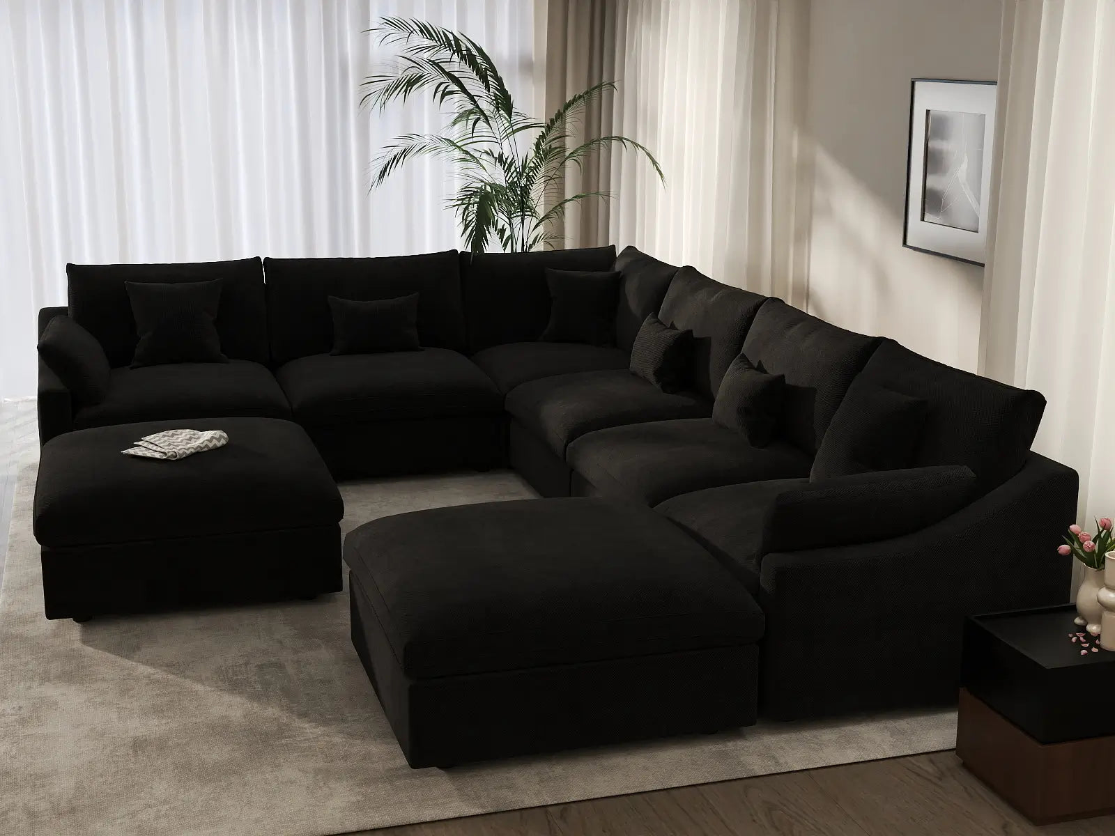Deluxe Cloud 6-Seater Black Pit Sectional | 8-Piece (Includes 2 Ottomans), Chenille And Linen Fabric, Washable Cushion Covers