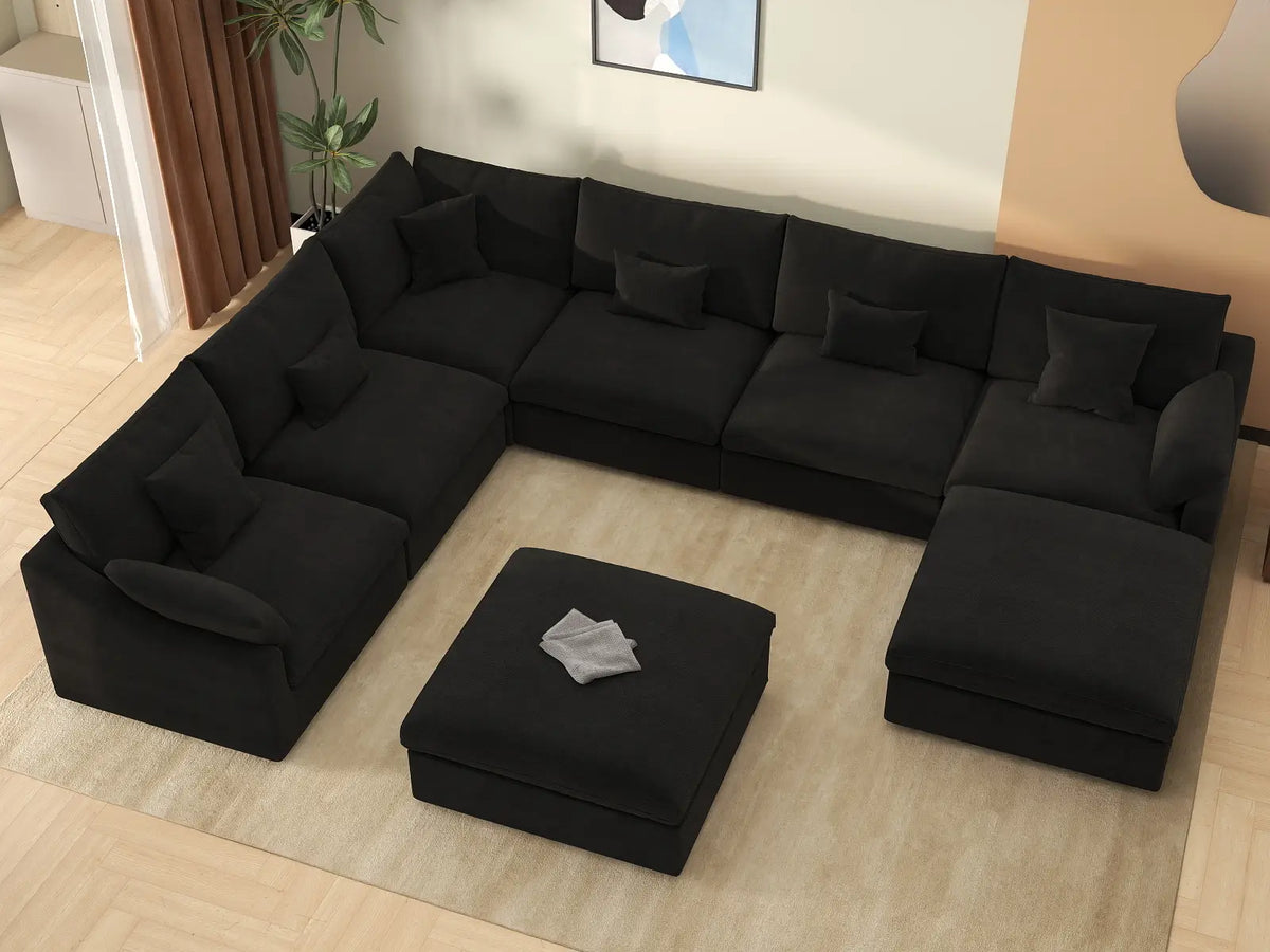 Deluxe Cloud 6-Seater Black Pit Sectional | 8-Piece (Includes 2 Ottomans), Chenille And Linen Fabric, Washable Cushion Covers