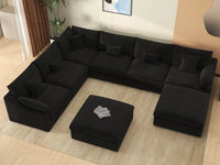 Deluxe Cloud 6-Seater Black Pit Sectional | 8-Piece (Includes 2 Ottomans), Chenille And Linen Fabric, Washable Cushion Covers