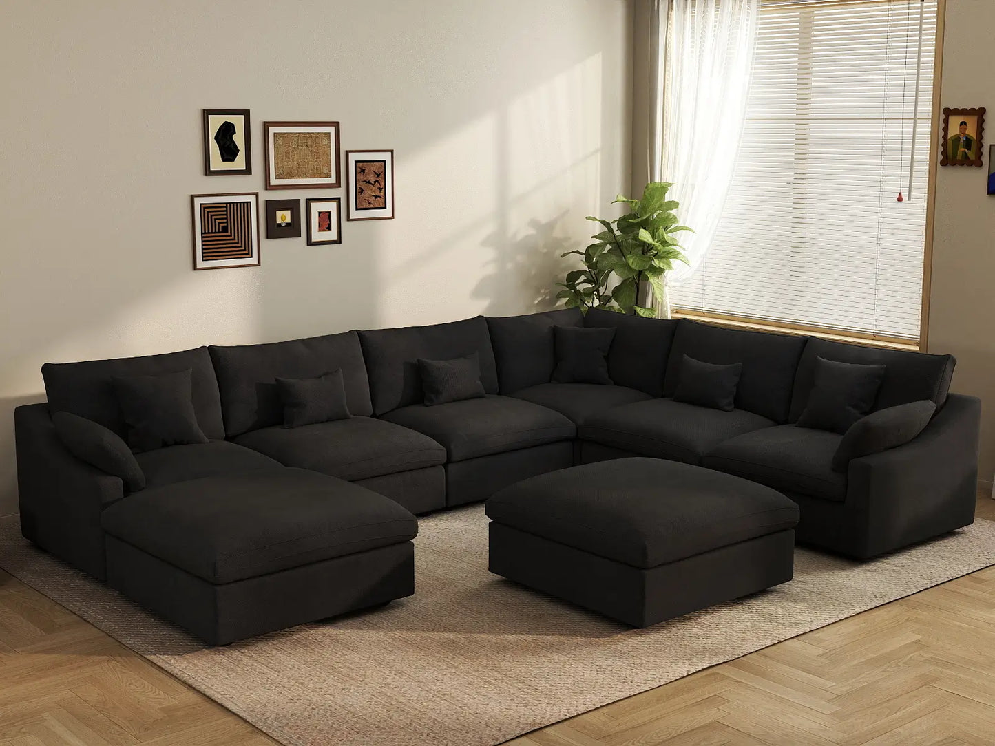 Deluxe Cloud 6-Seater Black Pit Sectional | 8-Piece (Includes 2 Ottomans), Chenille And Linen Fabric, Washable Cushion Covers