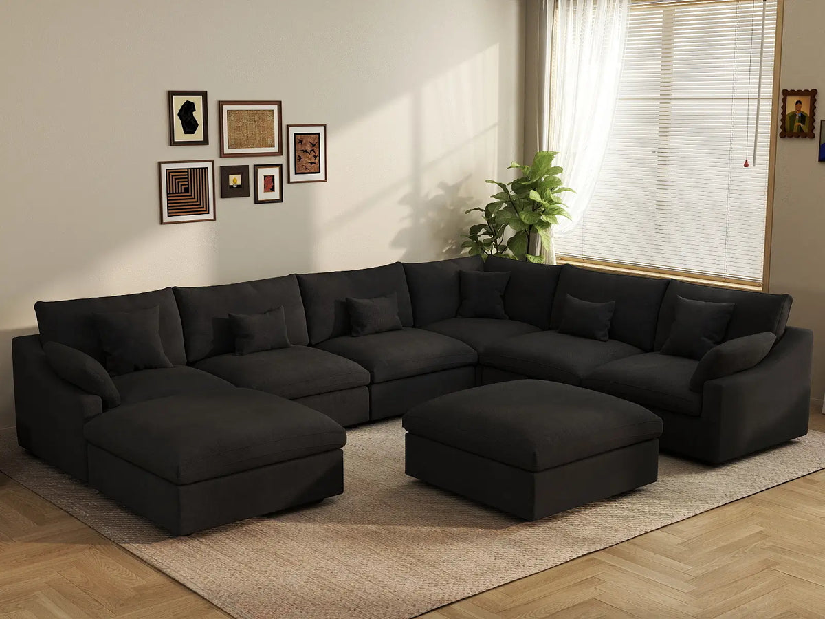 Deluxe Cloud 6-Seater Black Pit Sectional | 8-Piece (Includes 2 Ottomans), Chenille And Linen Fabric, Washable Cushion Covers