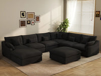 Deluxe Cloud 6-Seater Black Pit Sectional | 8-Piece (Includes 2 Ottomans), Chenille And Linen Fabric, Washable Cushion Covers