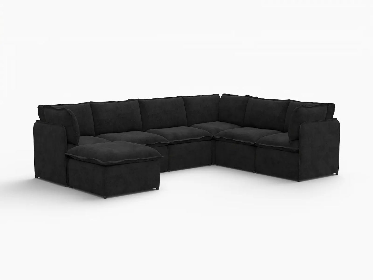 Deluxe Cloud 6-Seater Black Sofa Set | 7-Piece (Includes 1 Ottoman), Linen Look Poly Fabric, Washable Cushion Covers