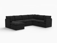 Deluxe Cloud 6-Seater Black Sofa Set | 7-Piece (Includes 1 Ottoman), Linen Look Poly Fabric, Washable Cushion Covers