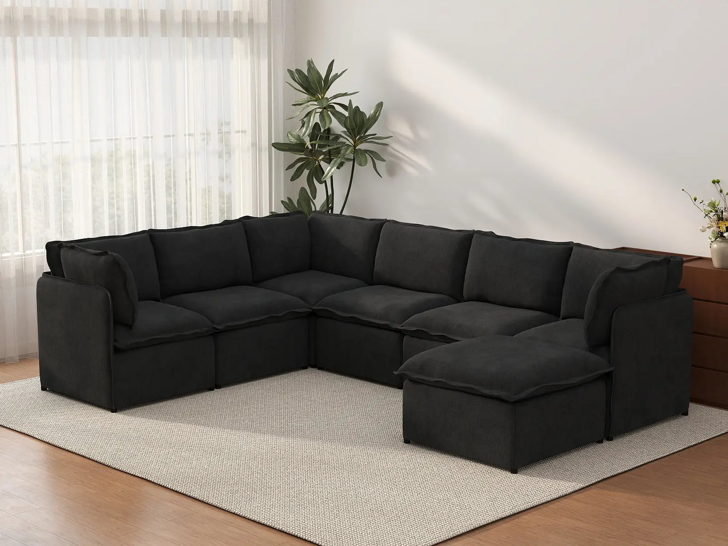 Deluxe Cloud 6-Seater Black Sofa Set | 7-Piece (Includes 1 Ottoman), Linen Look Poly Fabric, Washable Cushion Covers