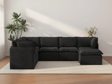 Deluxe Cloud 6-Seater Black Sofa Set | 7-Piece (Includes 1 Ottoman), Linen Look Poly Fabric, Washable Cushion Covers