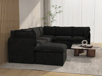 Deluxe Cloud 6-Seater Black Sofa Set | 7-Piece (Includes 1 Ottoman), Linen Look Poly Fabric, Washable Cushion Covers
