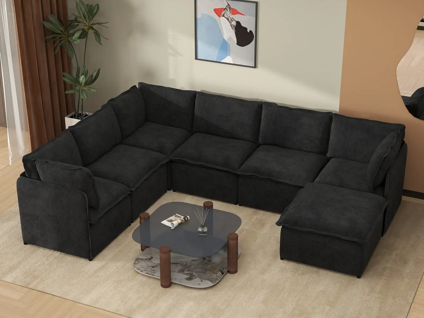 Deluxe Cloud 6-Seater Black Sofa Set | 7-Piece (Includes 1 Ottoman), Linen Look Poly Fabric, Washable Cushion Covers