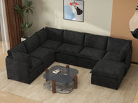 Deluxe Cloud 6-Seater Black Sofa Set | 7-Piece (Includes 1 Ottoman), Linen Look Poly Fabric, Washable Cushion Covers