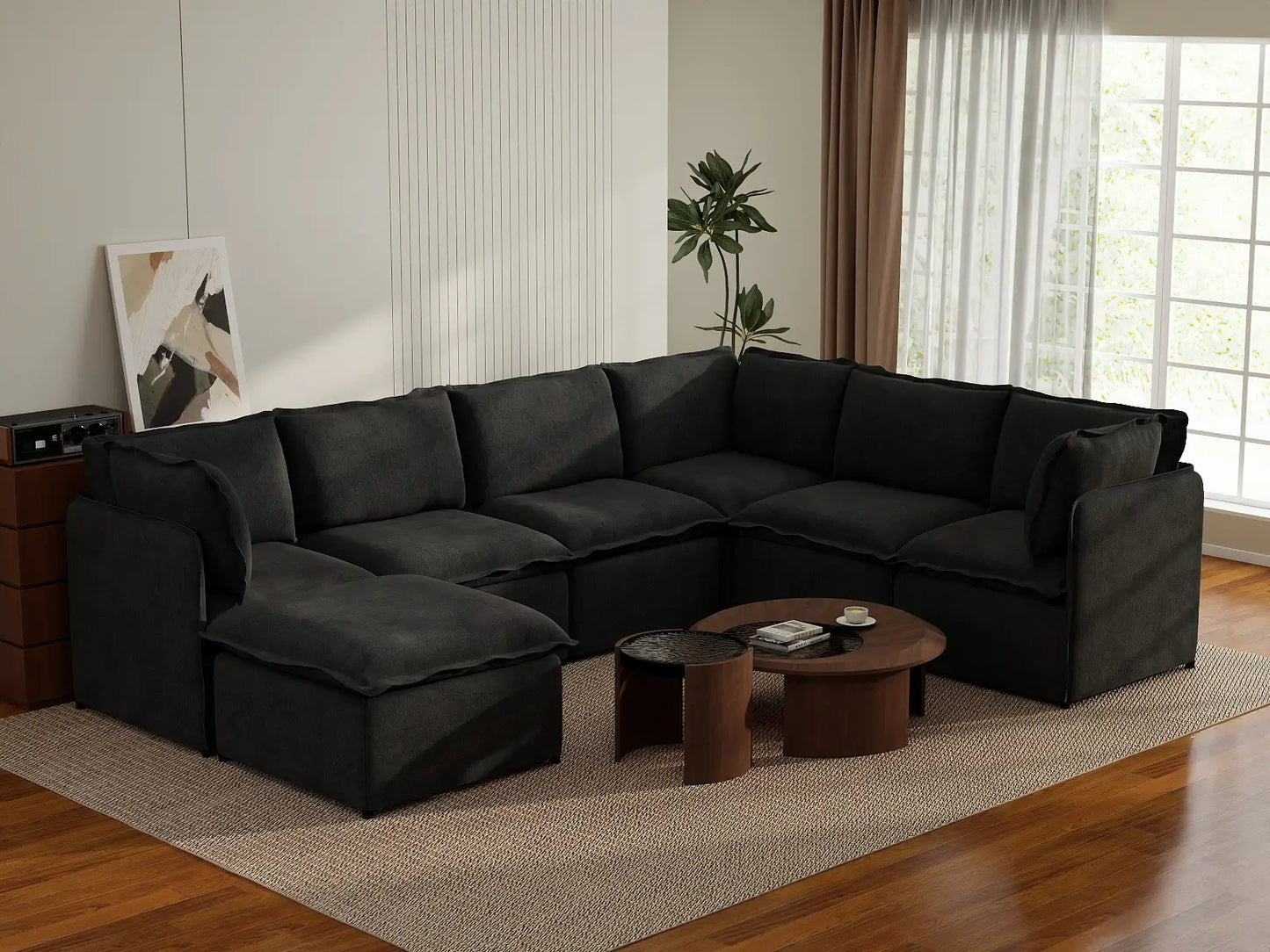 Deluxe Cloud 6-Seater Black Sofa Set | 7-Piece (Includes 1 Ottoman), Linen Look Poly Fabric, Washable Cushion Covers