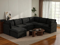 Deluxe Cloud 6-Seater Black Sofa Set | 7-Piece (Includes 1 Ottoman), Linen Look Poly Fabric, Washable Cushion Covers