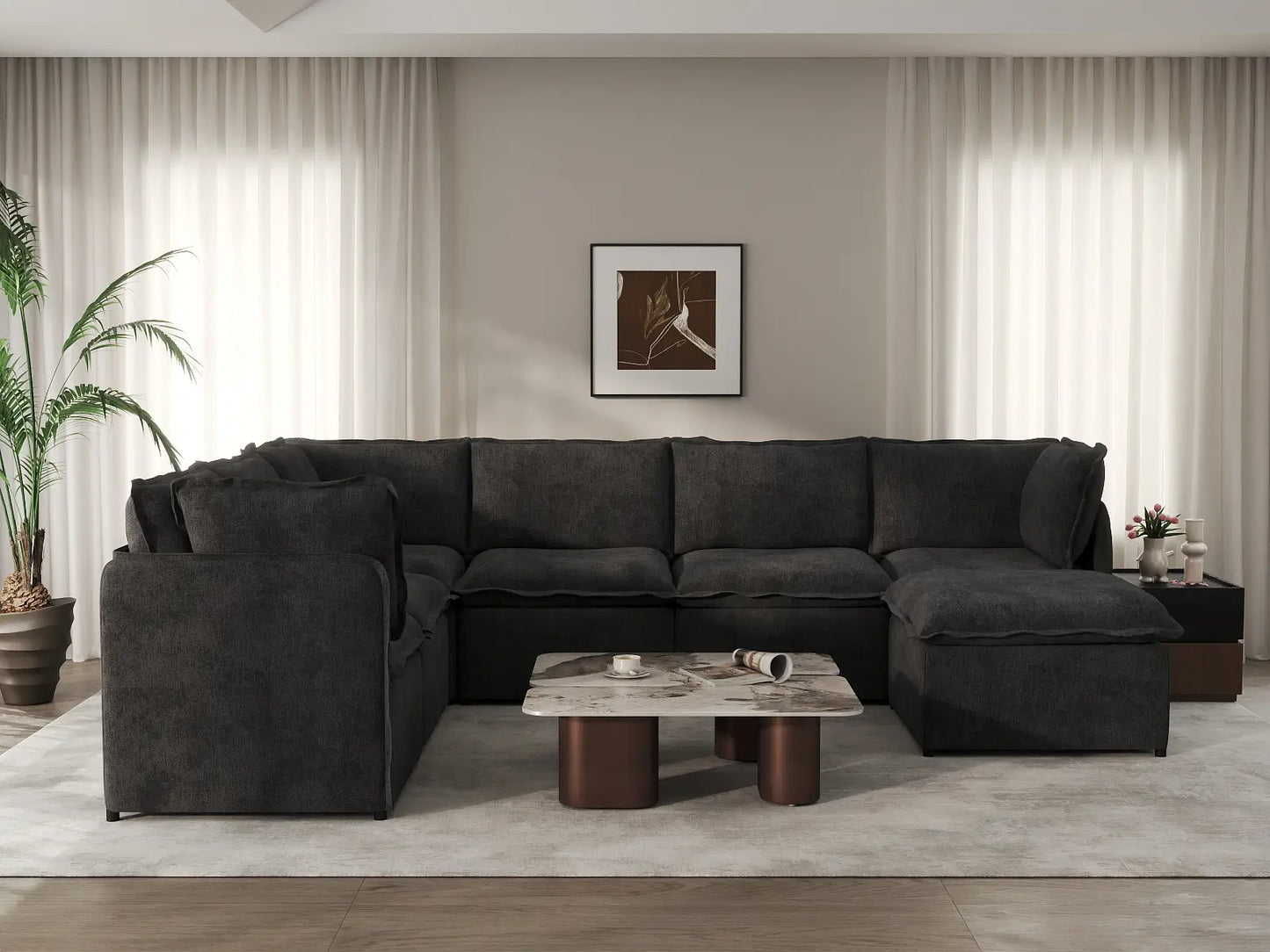 Deluxe Cloud 6-Seater Black Sofa Set | 7-Piece (Includes 1 Ottoman), Linen Look Poly Fabric, Washable Cushion Covers