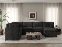 Deluxe Cloud 6-Seater Black Sofa Set | 7-Piece (Includes 1 Ottoman), Linen Look Poly Fabric, Washable Cushion Covers