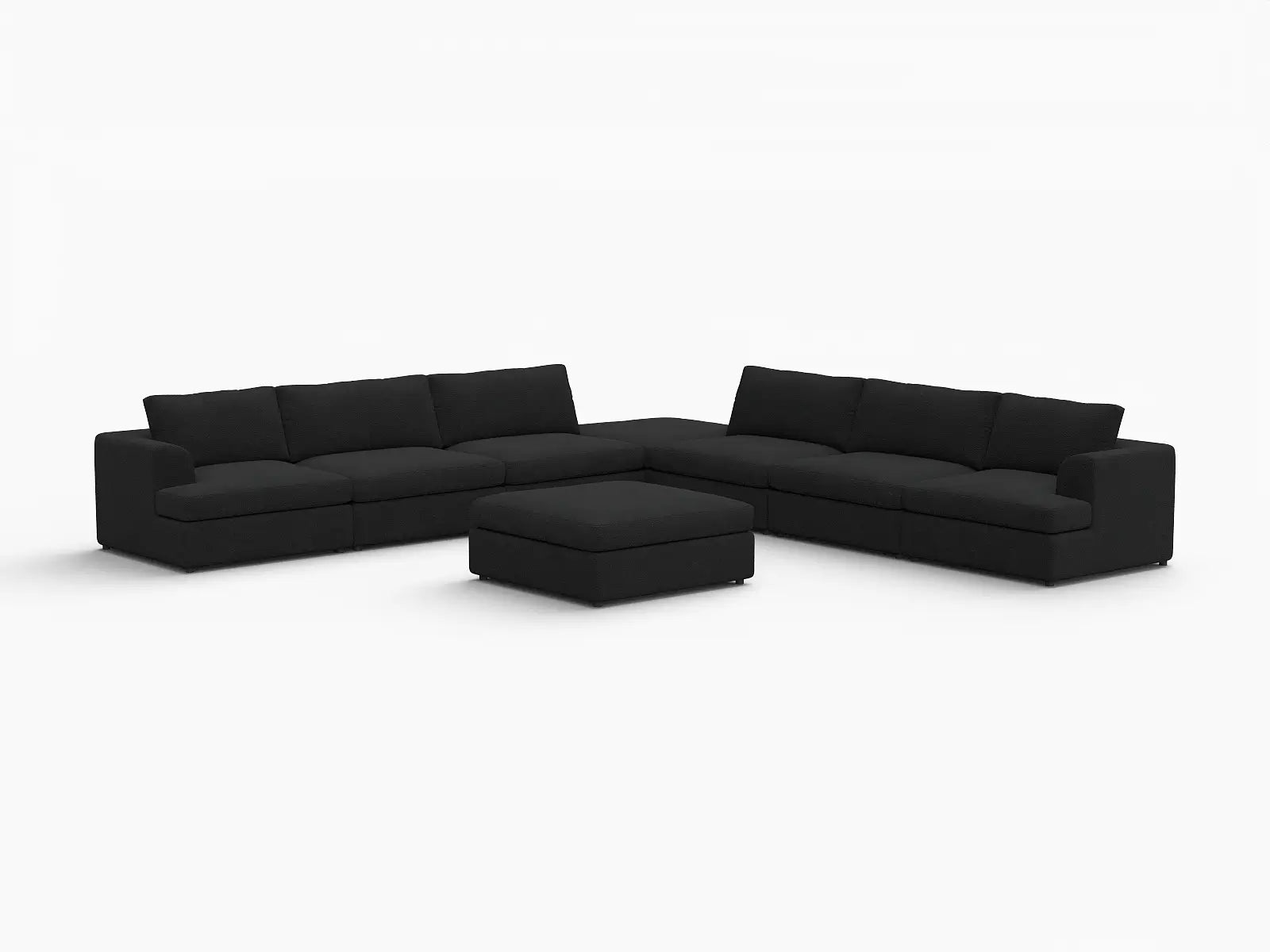 Deluxe Cloud 6-Seater Black Sofa Set | 8-Piece (Includes 2 Ottomans), Bouclé Sherpa-Like Fabric, Washable Cushion Covers