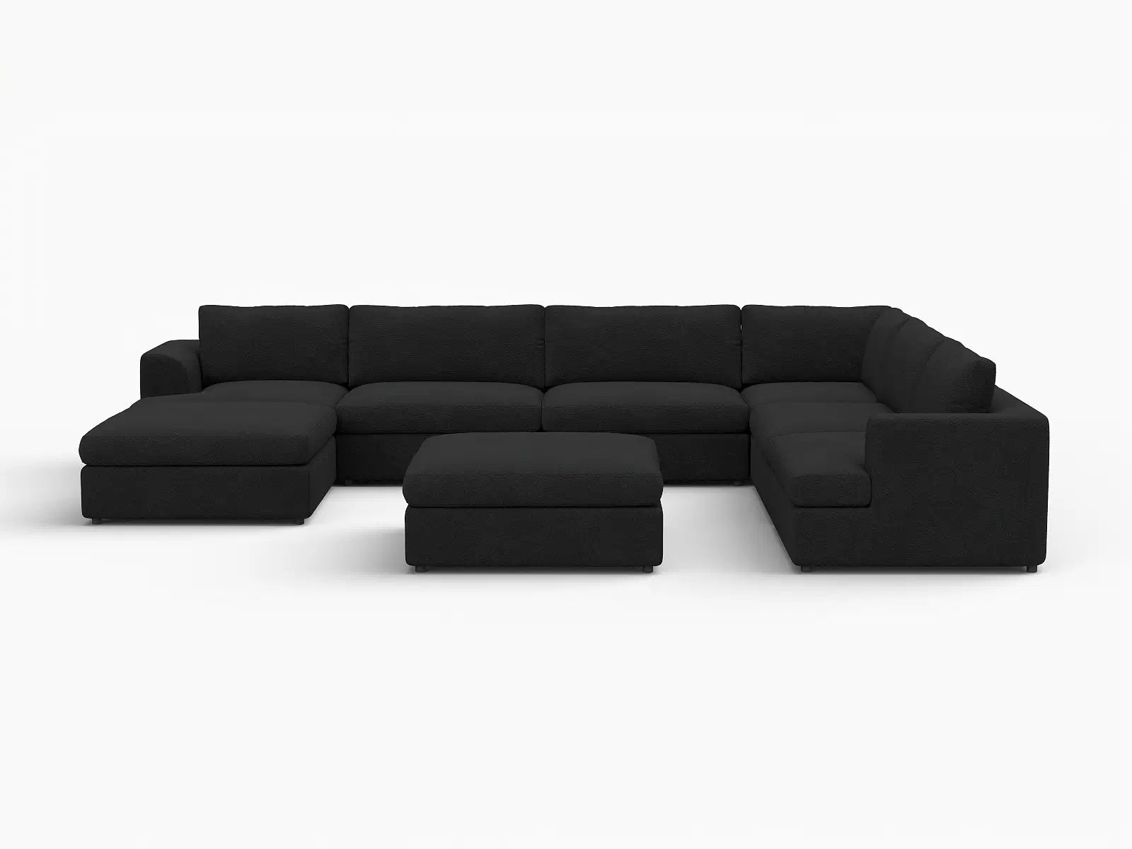 Deluxe Cloud 6-Seater Black Sofa Set | 8-Piece (Includes 2 Ottomans), Bouclé Sherpa-Like Fabric, Washable Cushion Covers