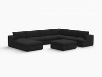Deluxe Cloud 6-Seater Black Sofa Set | 8-Piece (Includes 2 Ottomans), Bouclé Sherpa-Like Fabric, Washable Cushion Covers