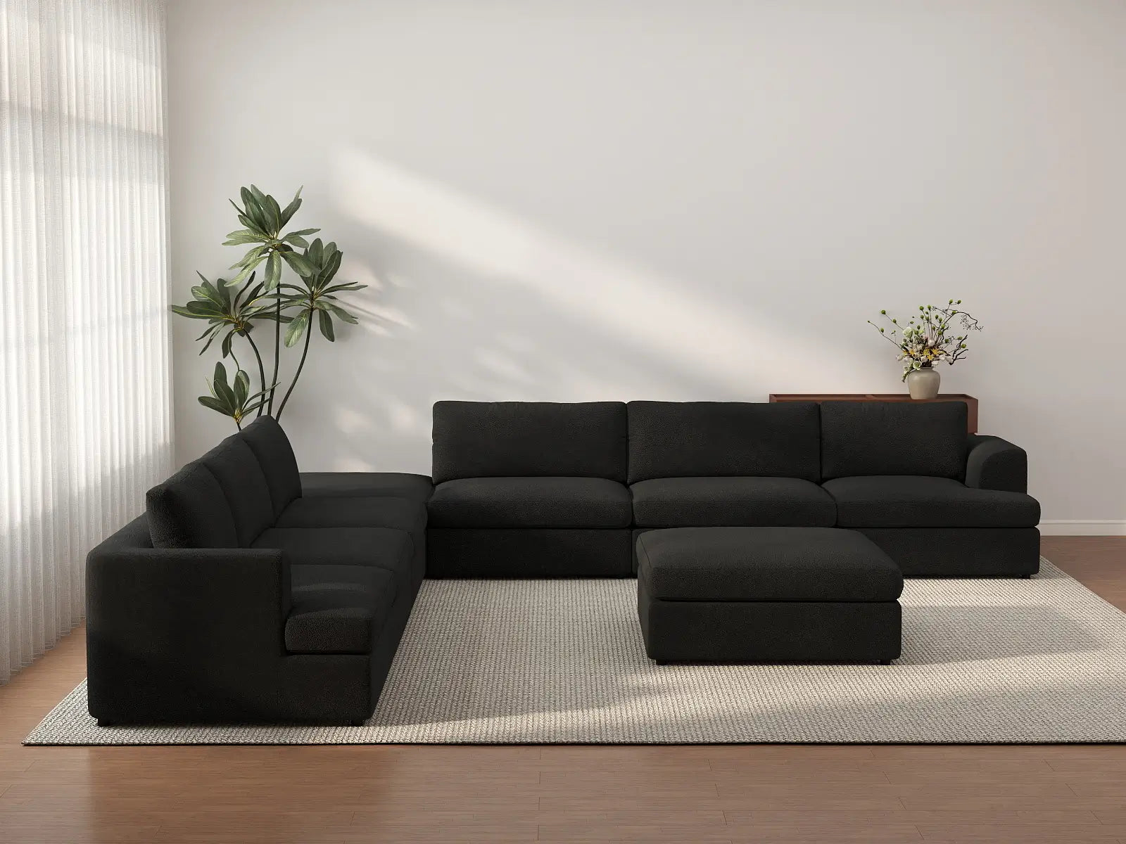 Deluxe Cloud 6-Seater Black Sofa Set | 8-Piece (Includes 2 Ottomans), Bouclé Sherpa-Like Fabric, Washable Cushion Covers