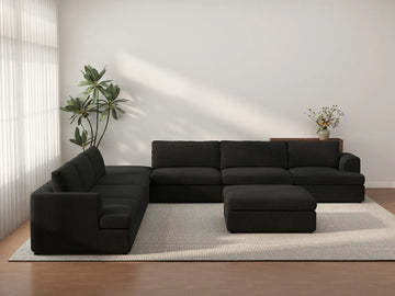 Deluxe Cloud 6-Seater Black Sofa Set | 8-Piece (Includes 2 Ottomans), Bouclé Sherpa-Like Fabric, Washable Cushion Covers