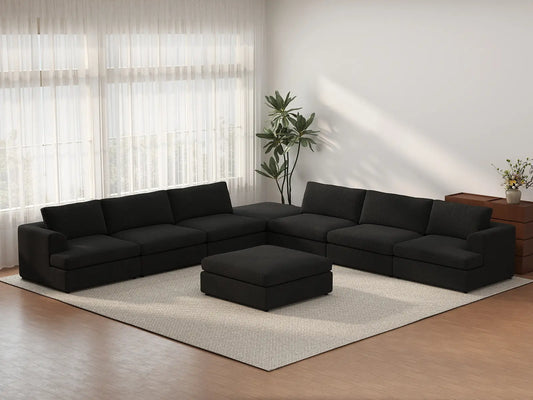 Juego de sofá de 6 plazas Deluxe Cloud negro | 8 piezas (incluye 2 otomanas), tela tipo bouclé sherpa, fundas de cojín lavables