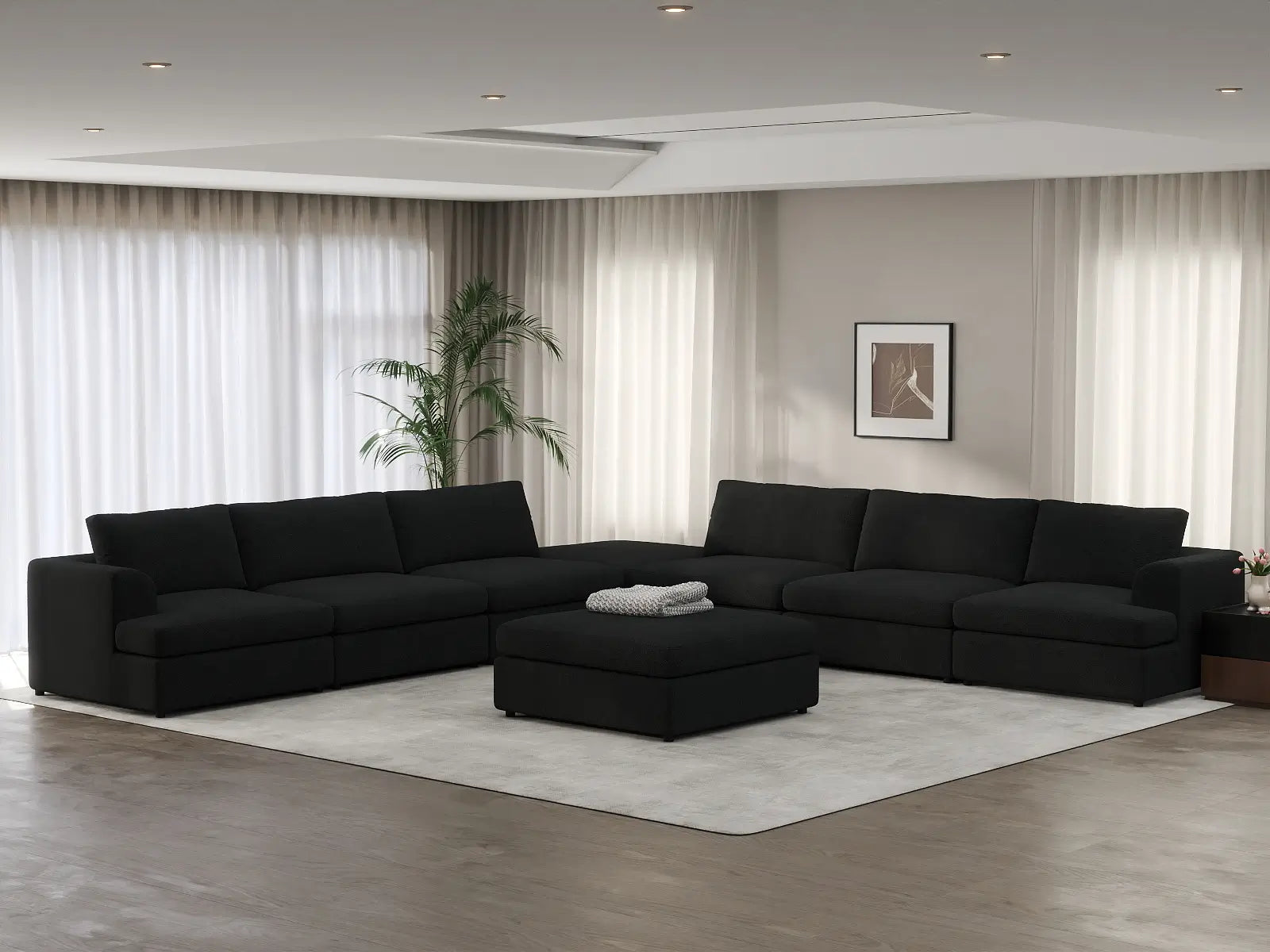 Deluxe Cloud 6-Seater Black Sofa Set | 8-Piece (Includes 2 Ottomans), Bouclé Sherpa-Like Fabric, Washable Cushion Covers