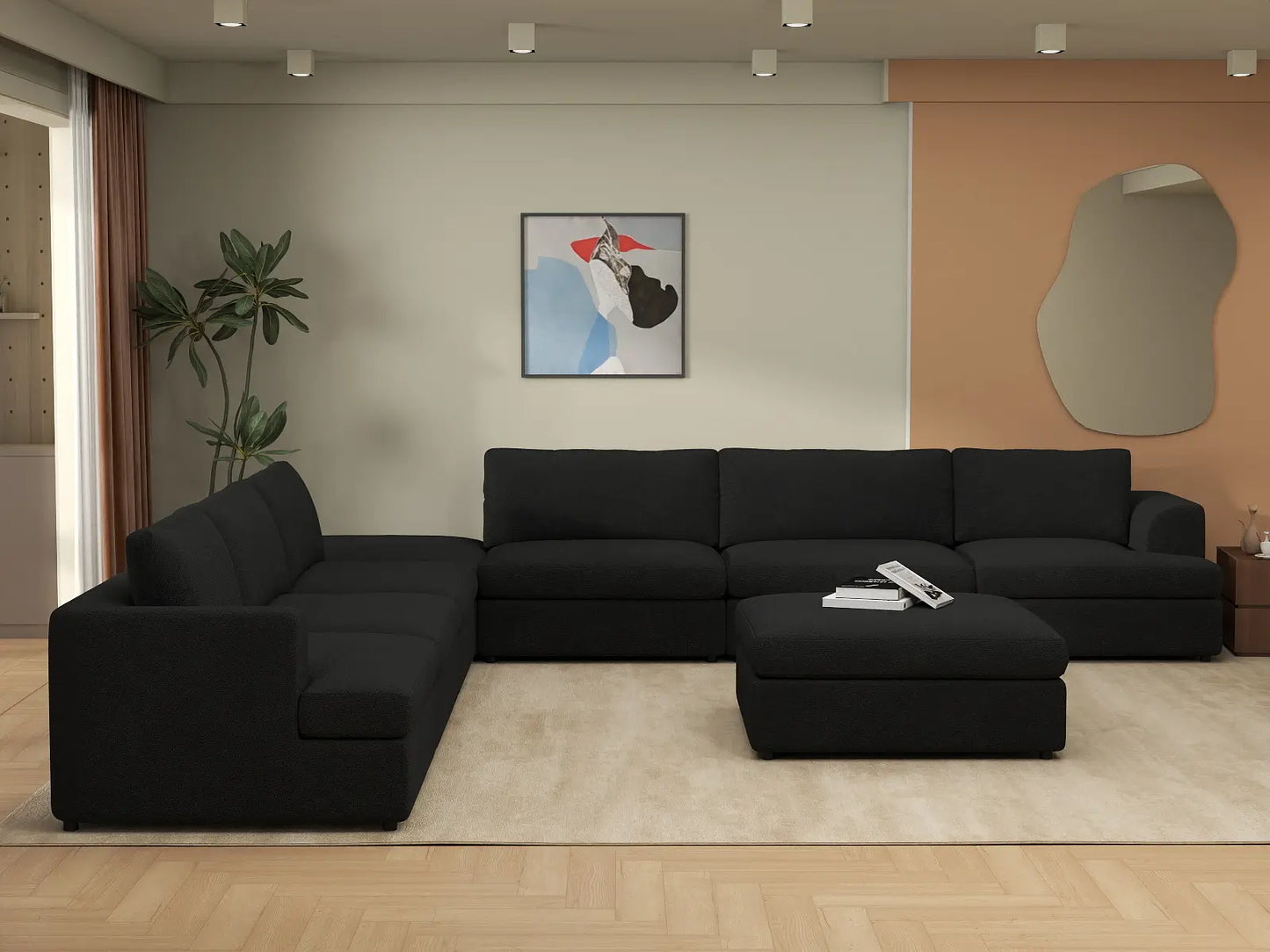 Deluxe Cloud 6-Seater Black Sofa Set | 8-Piece (Includes 2 Ottomans), Bouclé Sherpa-Like Fabric, Washable Cushion Covers