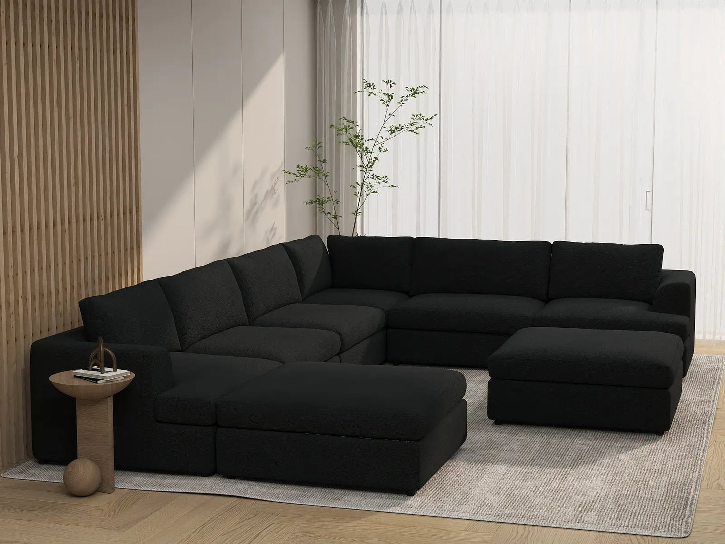 Deluxe Cloud 6-Seater Black Sofa Set | 8-Piece (Includes 2 Ottomans), Bouclé Sherpa-Like Fabric, Washable Cushion Covers
