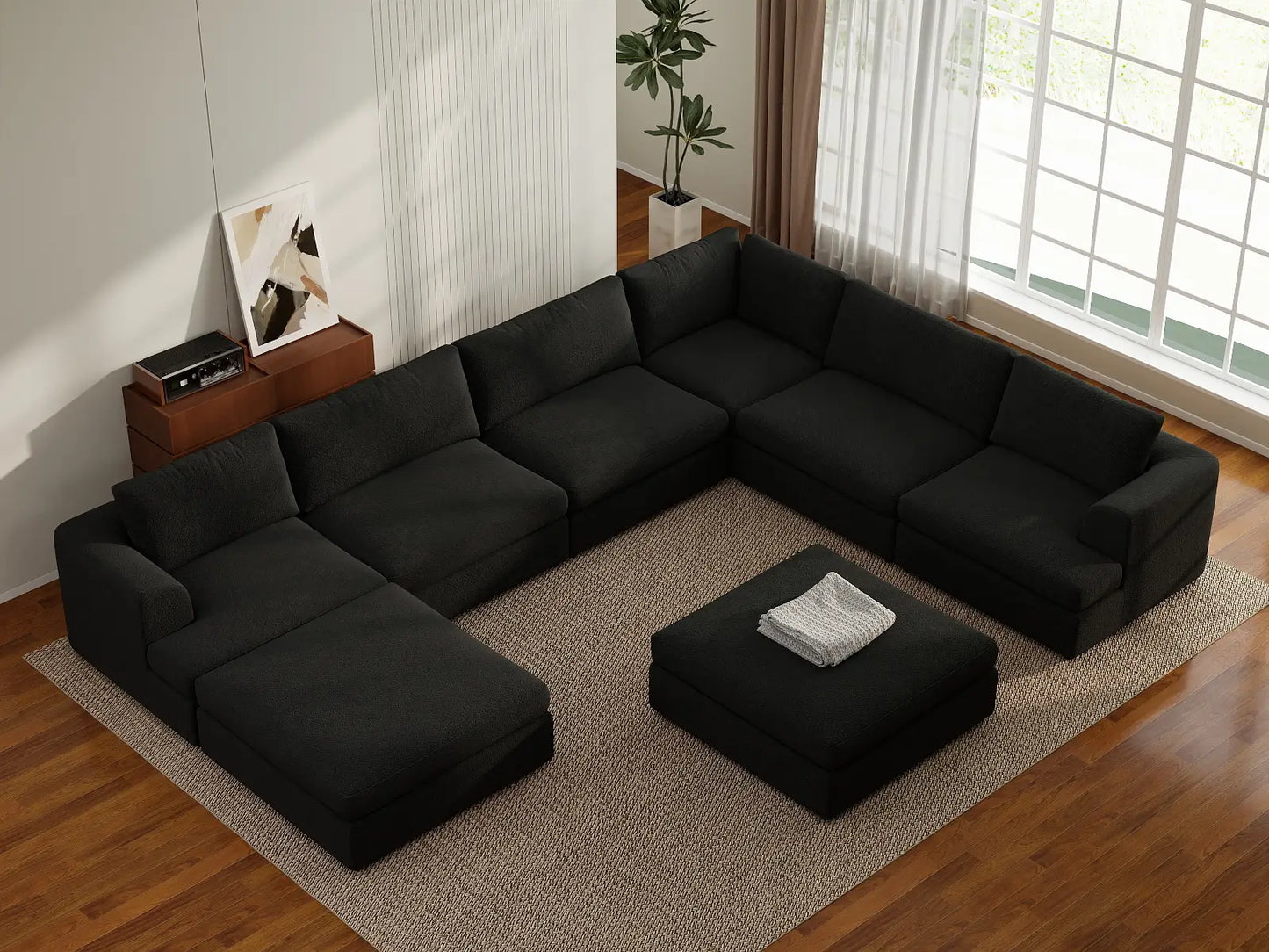 Deluxe Cloud 6-Seater Black Sofa Set | 8-Piece (Includes 2 Ottomans), Bouclé Sherpa-Like Fabric, Washable Cushion Covers