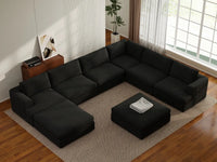 Deluxe Cloud 6-Seater Black Sofa Set | 8-Piece (Includes 2 Ottomans), Bouclé Sherpa-Like Fabric, Washable Cushion Covers
