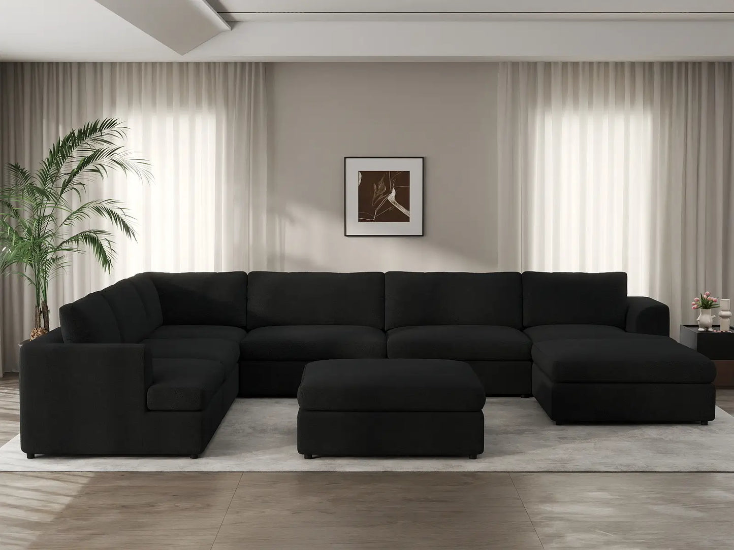 Deluxe Cloud 6-Seater Black Sofa Set | 8-Piece (Includes 2 Ottomans), Bouclé Sherpa-Like Fabric, Washable Cushion Covers