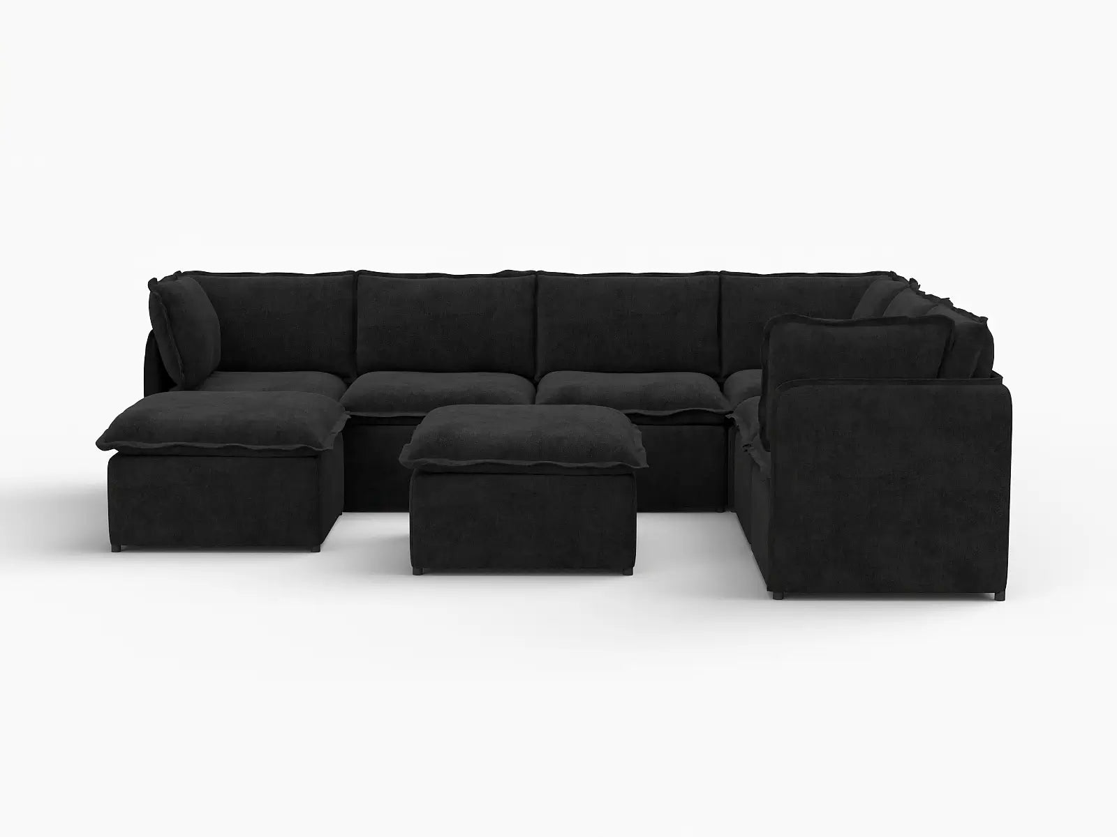 Deluxe Cloud 6-Seater Black Sofa Set | 8-Piece (Includes 2 Ottomans), Linen Look Poly Fabric, Washable Cushion Covers