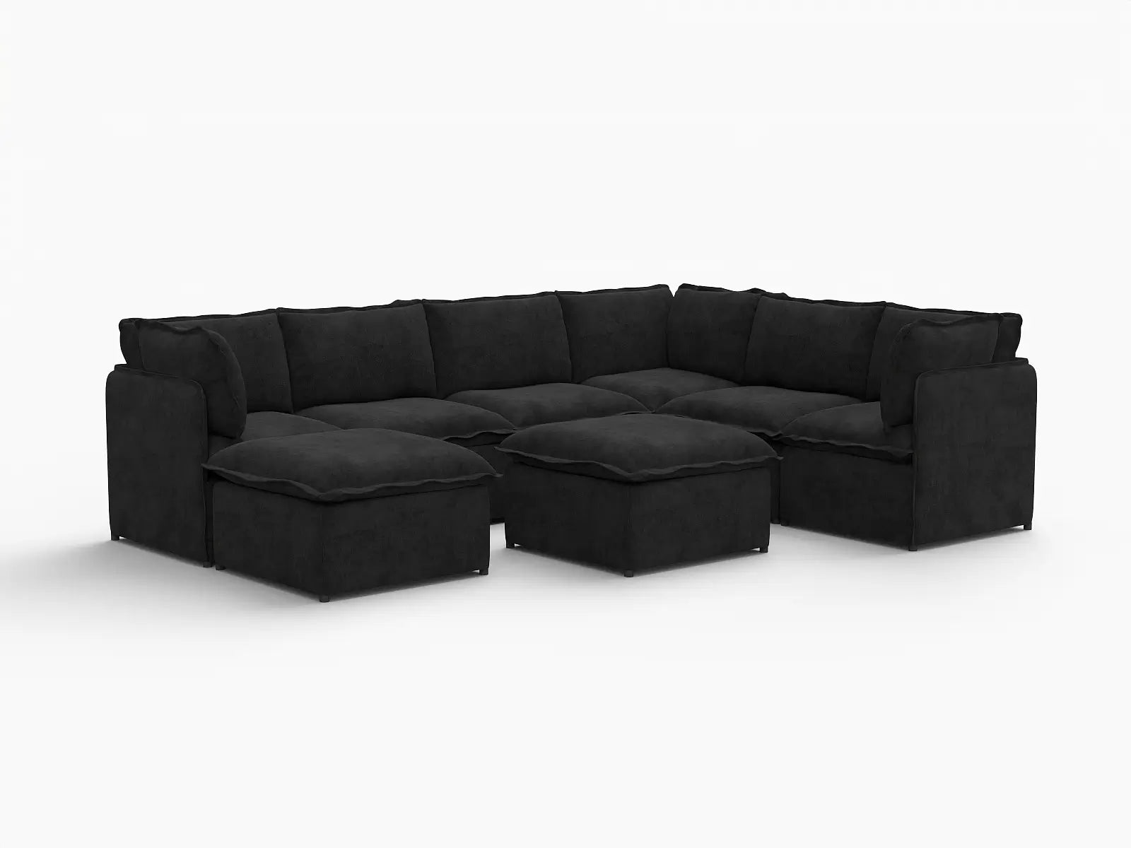 Deluxe Cloud 6-Seater Black Sofa Set | 8-Piece (Includes 2 Ottomans), Linen Look Poly Fabric, Washable Cushion Covers