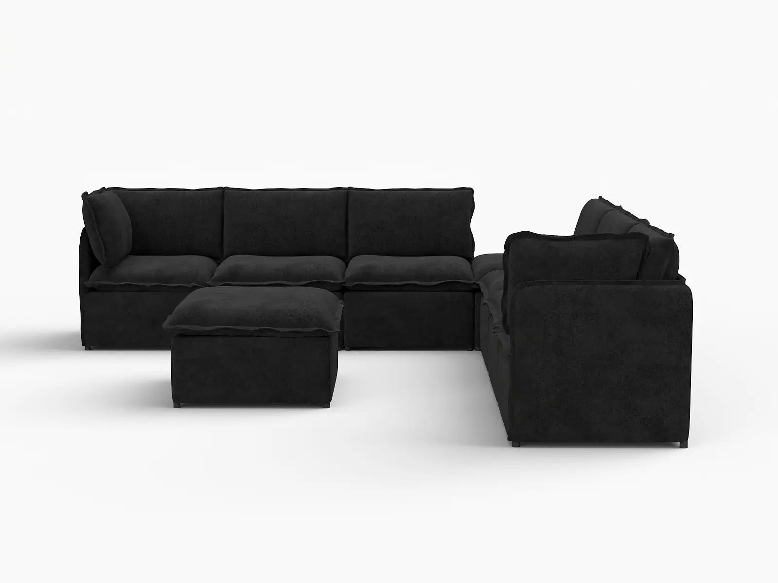 Deluxe Cloud 6-Seater Black Sofa Set | 8-Piece (Includes 2 Ottomans), Linen Look Poly Fabric, Washable Cushion Covers