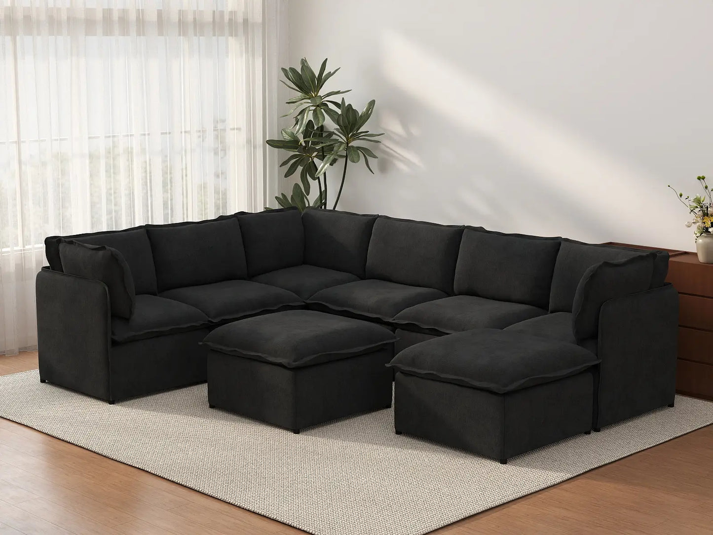 Deluxe Cloud 6-Seater Black Sofa Set | 8-Piece (Includes 2 Ottomans), Linen Look Poly Fabric, Washable Cushion Covers
