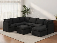 Deluxe Cloud 6-Seater Black Sofa Set | 8-Piece (Includes 2 Ottomans), Linen Look Poly Fabric, Washable Cushion Covers