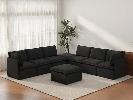 Deluxe Cloud 6-Seater Black Sofa Set | 8-Piece (Includes 2 Ottomans), Linen Look Poly Fabric, Washable Cushion Covers