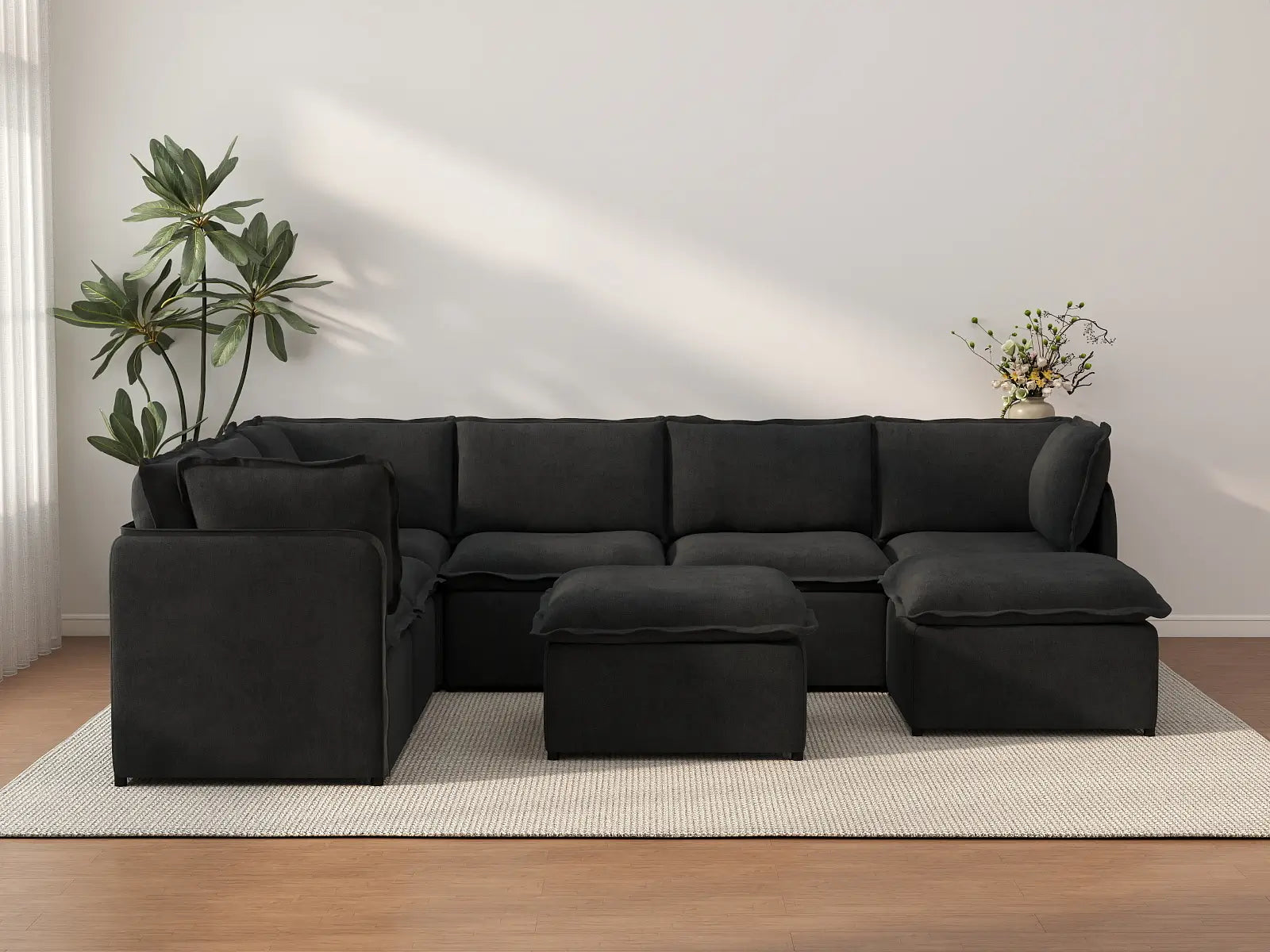 Deluxe Cloud 6-Seater Black Sofa Set | 8-Piece (Includes 2 Ottomans), Linen Look Poly Fabric, Washable Cushion Covers