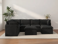 Deluxe Cloud 6-Seater Black Sofa Set | 8-Piece (Includes 2 Ottomans), Linen Look Poly Fabric, Washable Cushion Covers