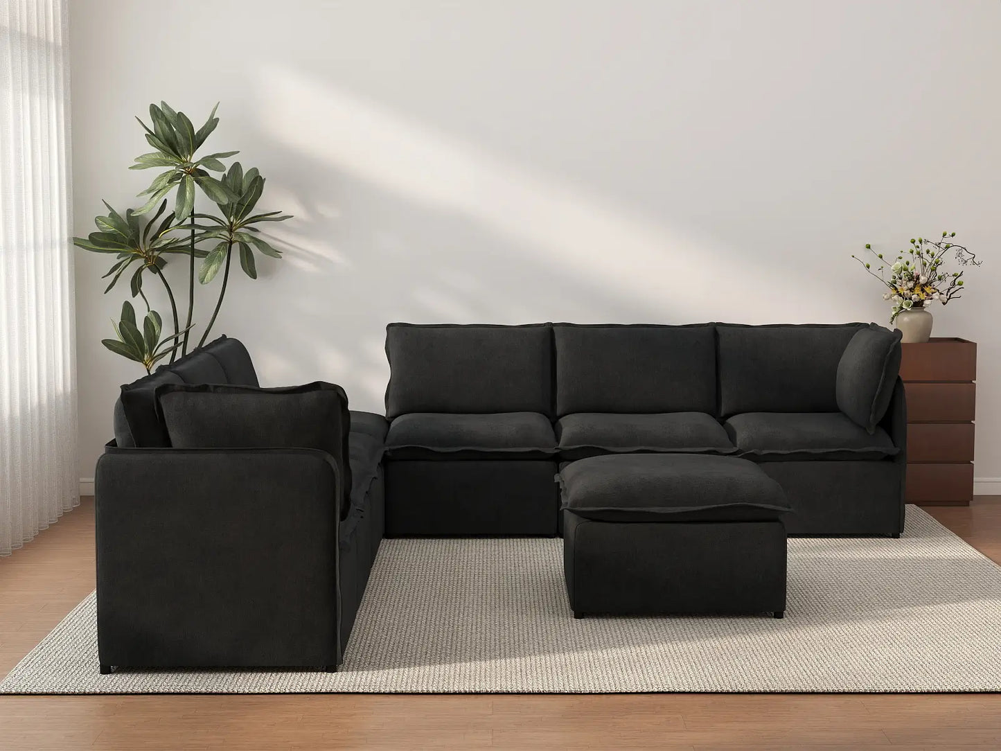 Deluxe Cloud 6-Seater Black Sofa Set | 8-Piece (Includes 2 Ottomans), Linen Look Poly Fabric, Washable Cushion Covers