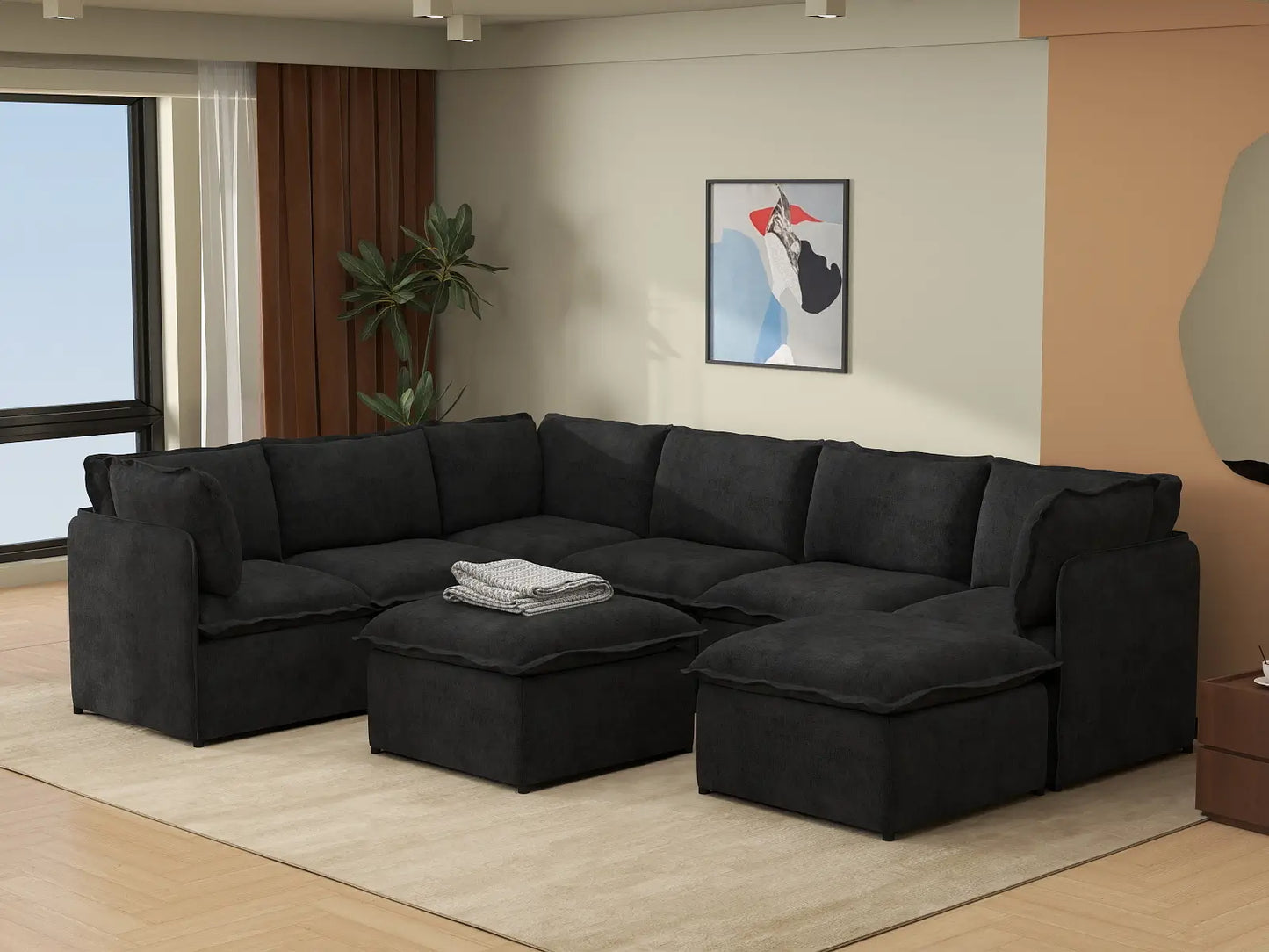 Deluxe Cloud 6-Seater Black Sofa Set | 8-Piece (Includes 2 Ottomans), Linen Look Poly Fabric, Washable Cushion Covers