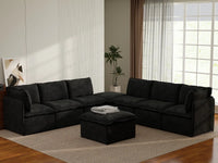Deluxe Cloud 6-Seater Black Sofa Set | 8-Piece (Includes 2 Ottomans), Linen Look Poly Fabric, Washable Cushion Covers