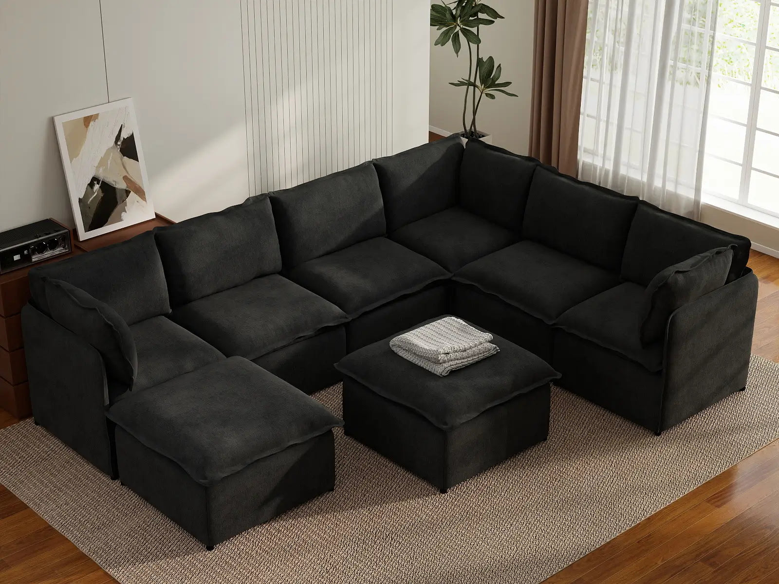 Deluxe Cloud 6-Seater Black Sofa Set | 8-Piece (Includes 2 Ottomans), Linen Look Poly Fabric, Washable Cushion Covers