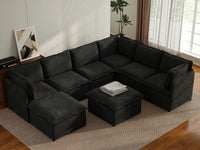 Deluxe Cloud 6-Seater Black Sofa Set | 8-Piece (Includes 2 Ottomans), Linen Look Poly Fabric, Washable Cushion Covers