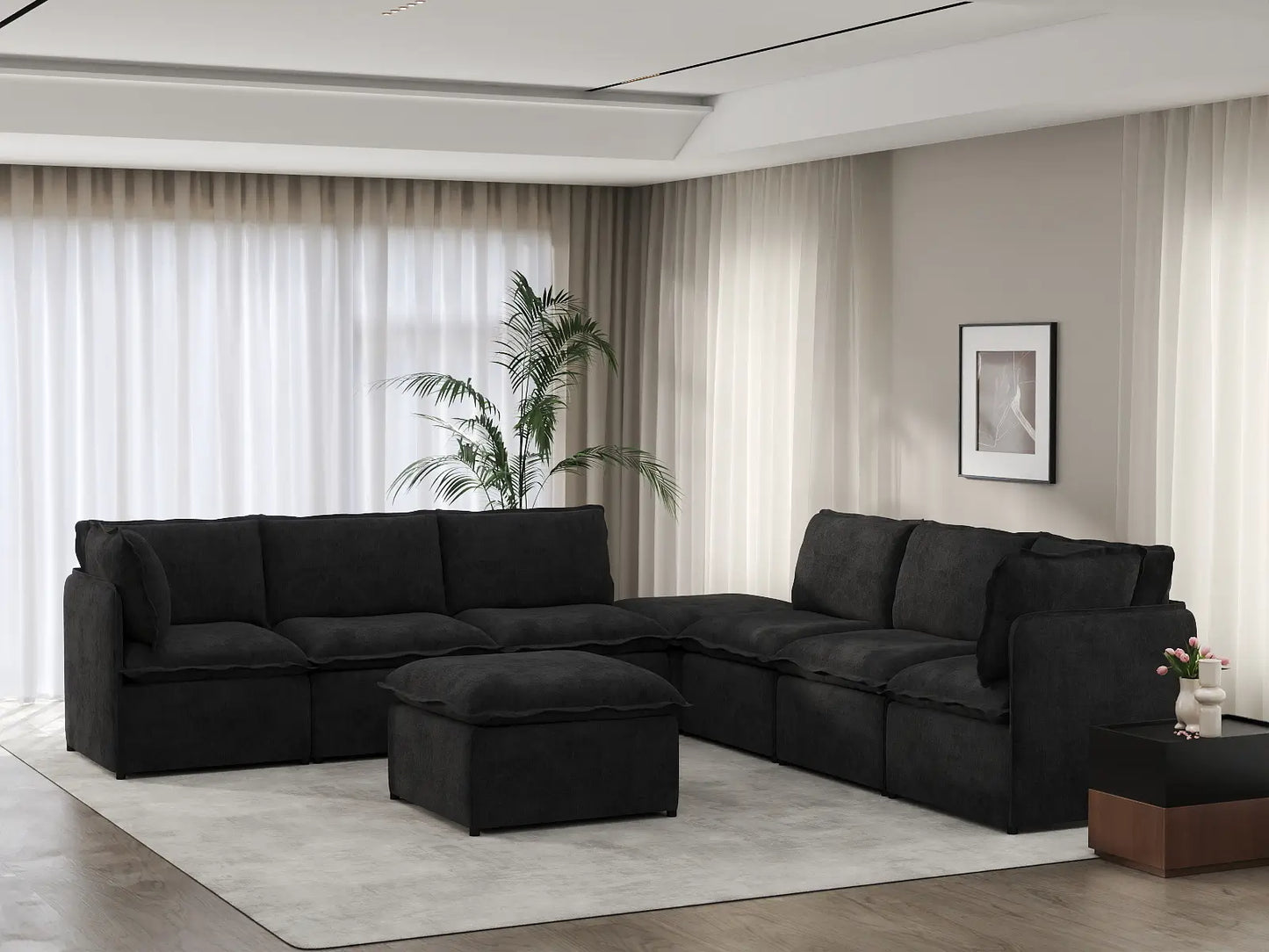 Deluxe Cloud 6-Seater Black Sofa Set | 8-Piece (Includes 2 Ottomans), Linen Look Poly Fabric, Washable Cushion Covers