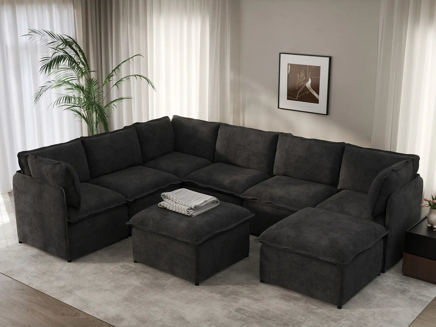 Deluxe Cloud 6-Seater Black Sofa Set | 8-Piece (Includes 2 Ottomans), Linen Look Poly Fabric, Washable Cushion Covers