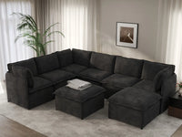 Deluxe Cloud 6-Seater Black Sofa Set | 8-Piece (Includes 2 Ottomans), Linen Look Poly Fabric, Washable Cushion Covers