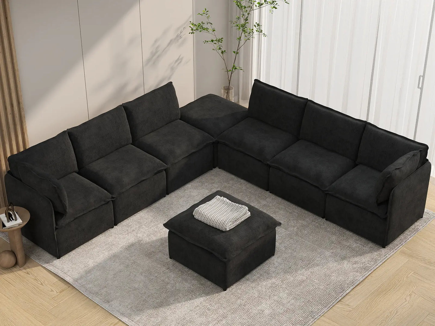 Deluxe Cloud 6-Seater Black Sofa Set | 8-Piece (Includes 2 Ottomans), Linen Look Poly Fabric, Washable Cushion Covers